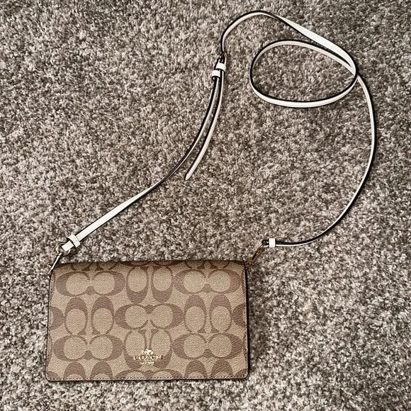 Coach Signature Khaki Chalk Coated Canvas Foldover clutch Crossbody Bag